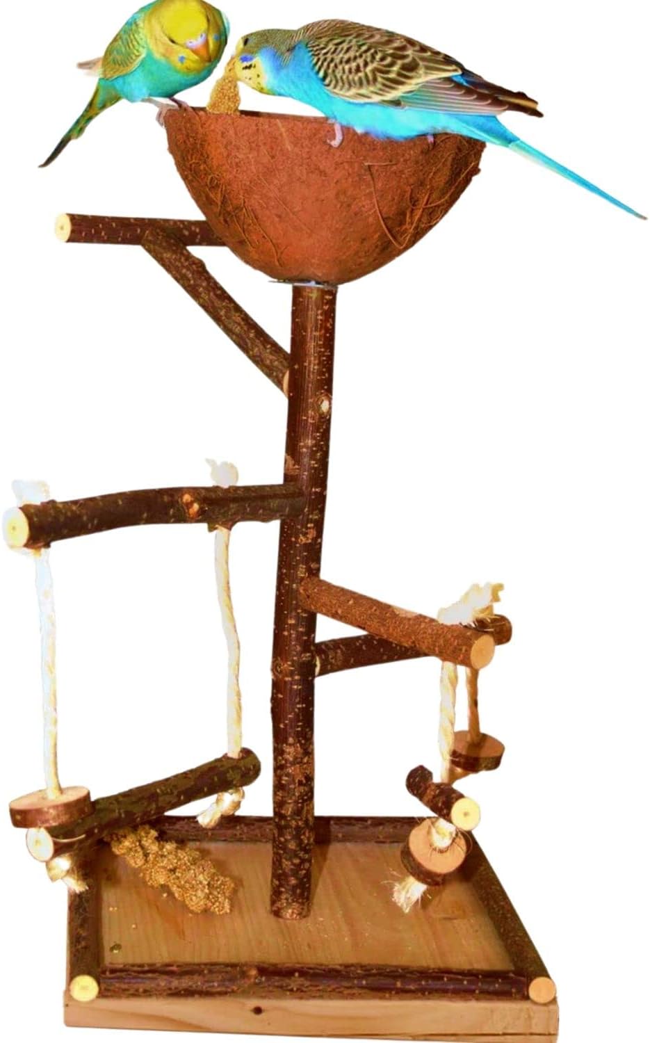 Herrlicher Vogelspielplatz aus Naturholz. EIN Kletterspielplatz mit vielen Sitzstangen und Futternap