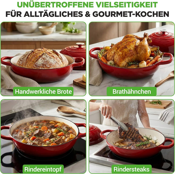 NutriChef Gusseisentopf zum Brotbacken 26 cm Dutch Oven Emailliert Rot – Mit Deckel und Griffen – In