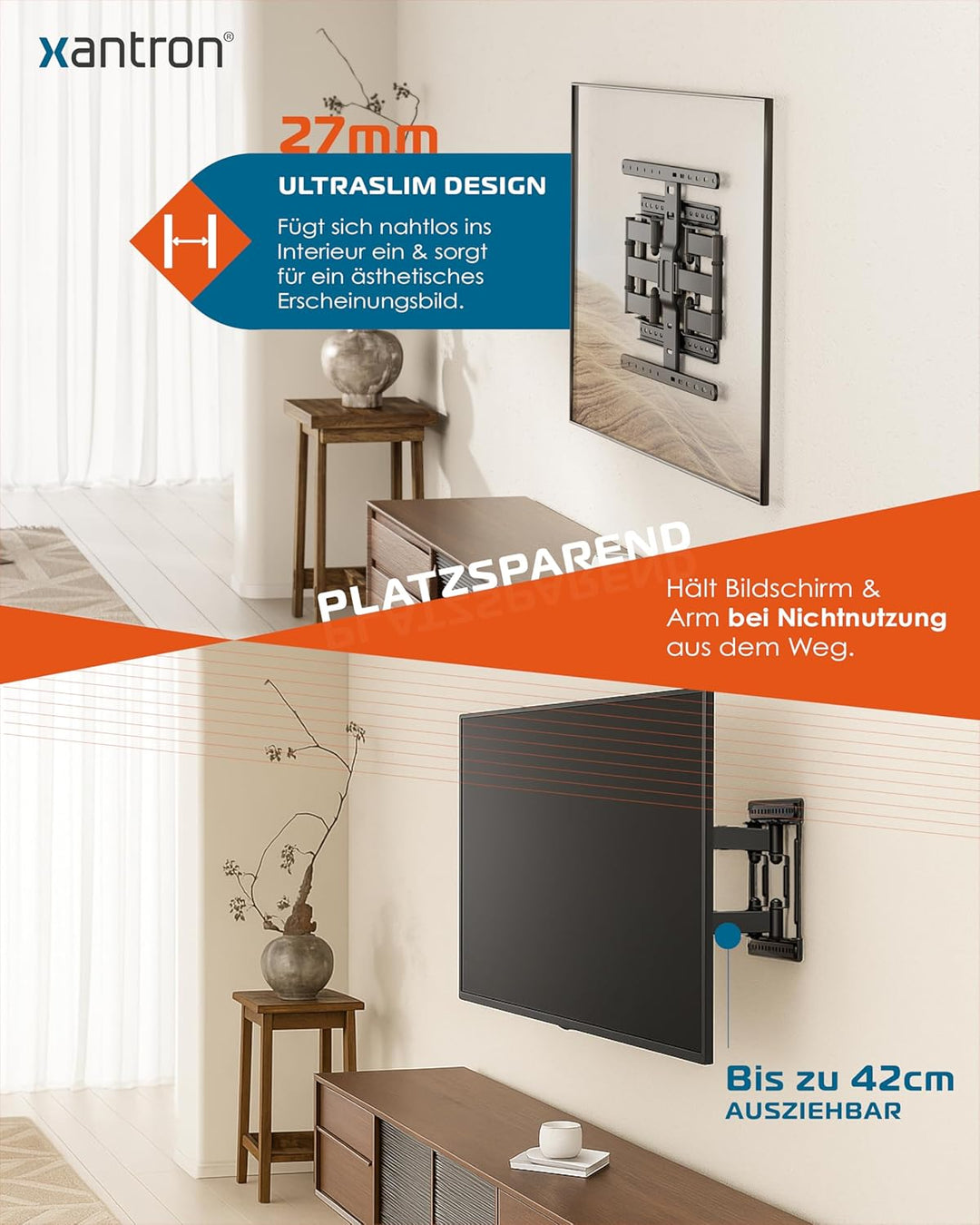 Xantron Slim Fit TV Wandhalterung Schwenkbar inkl. Zubehör - nur 27mm Wand-Abstand - 43-90 Zoll &amp; VE