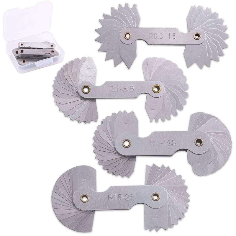 Glarks 4 Pack R0.3-1.5/ R1-6.5/ R7-14.5/ R15-25 Radius Gauge Set, Stainless Steel Radius Fillet Gage