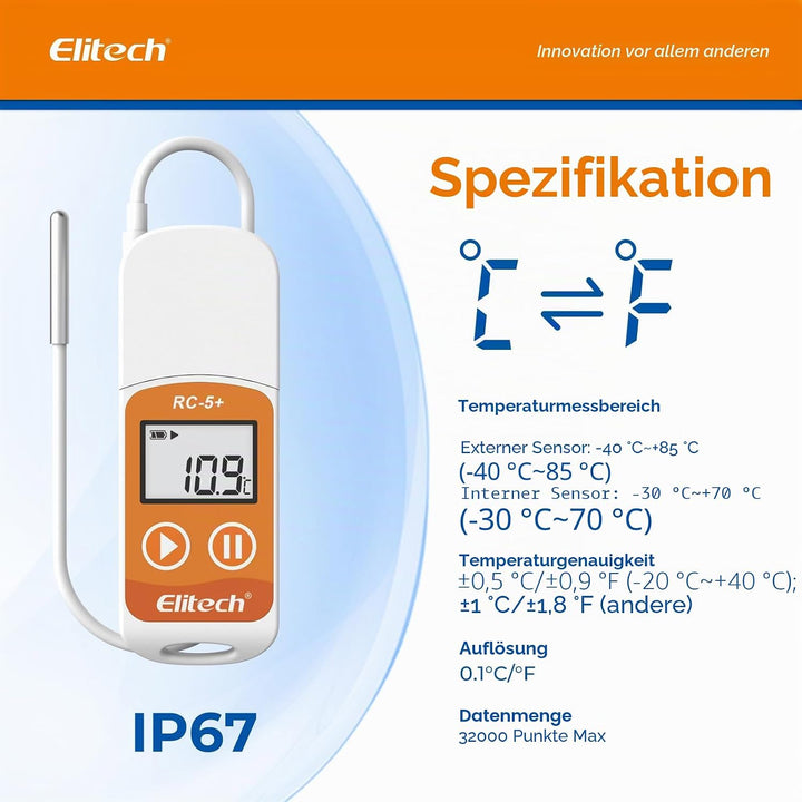 Elitech Temperatur-Datenlogger wiederverwendbar Recorder 32000 Punkte PDF USB hohe Genauigkeit RC-5+