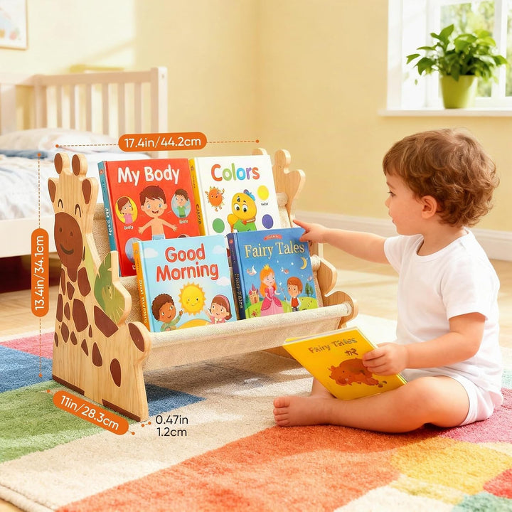 Bücherregal Kinder, Montessori Kinder Buchständer aus Holz mit 4 Ablagen, Kinderregal für Buchaufbew