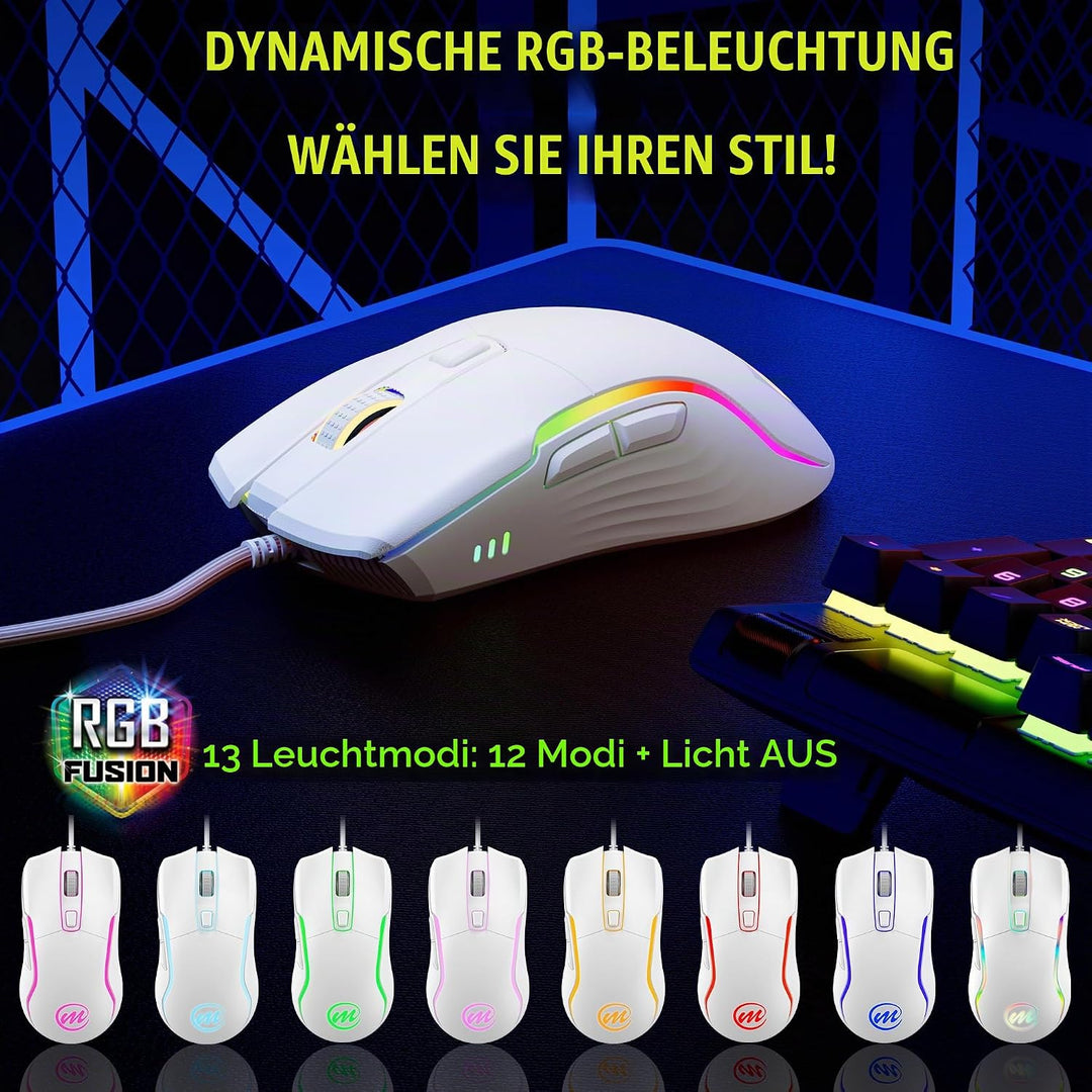 memzuoix Gaming Maus mit Kabel und LED-Lichtern – 12.800 DPI einstellbar, 6 Tasten, 12 RGB-Modi, Erg