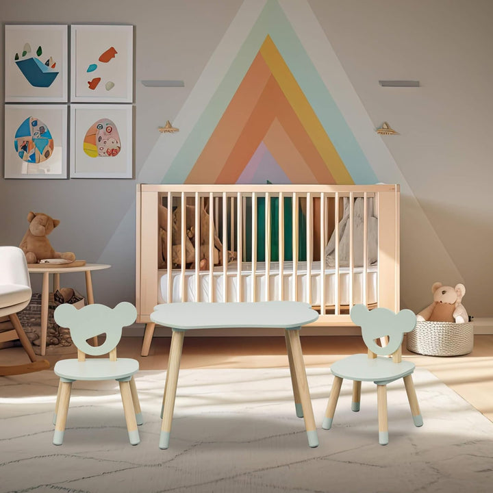 Rebecca Mobili Tisch und 2 Stühle für Kinderzimmer, Montessori Set 3 Teile, Wassergrün Braun, MDF Ki