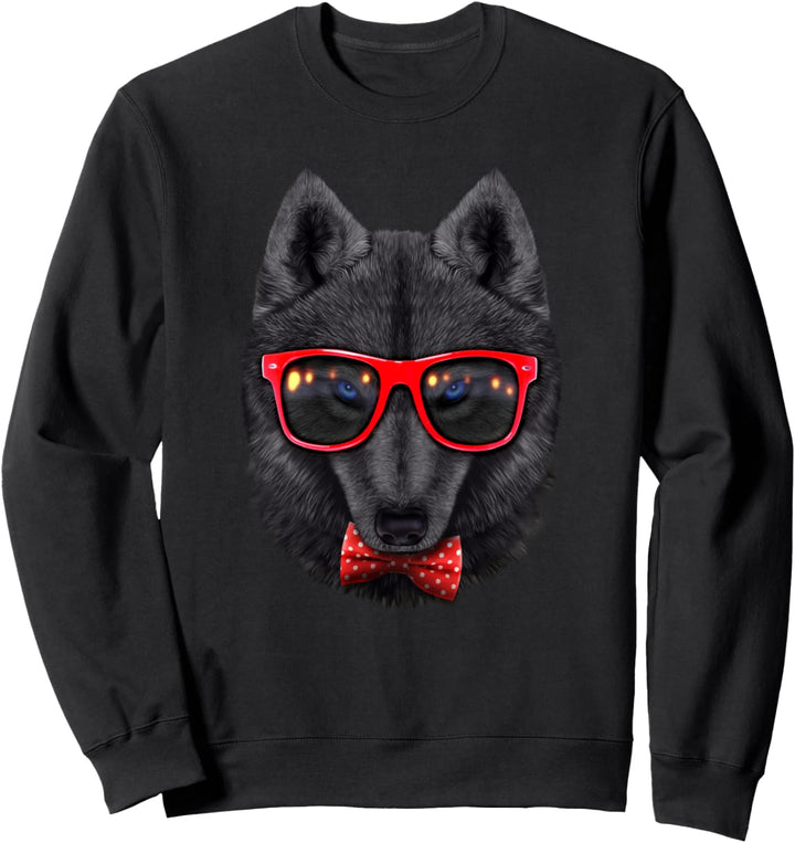 Schwarzer Wolf trägt rote Retro-Sonnenbrille mit Fliege Sweatshirt