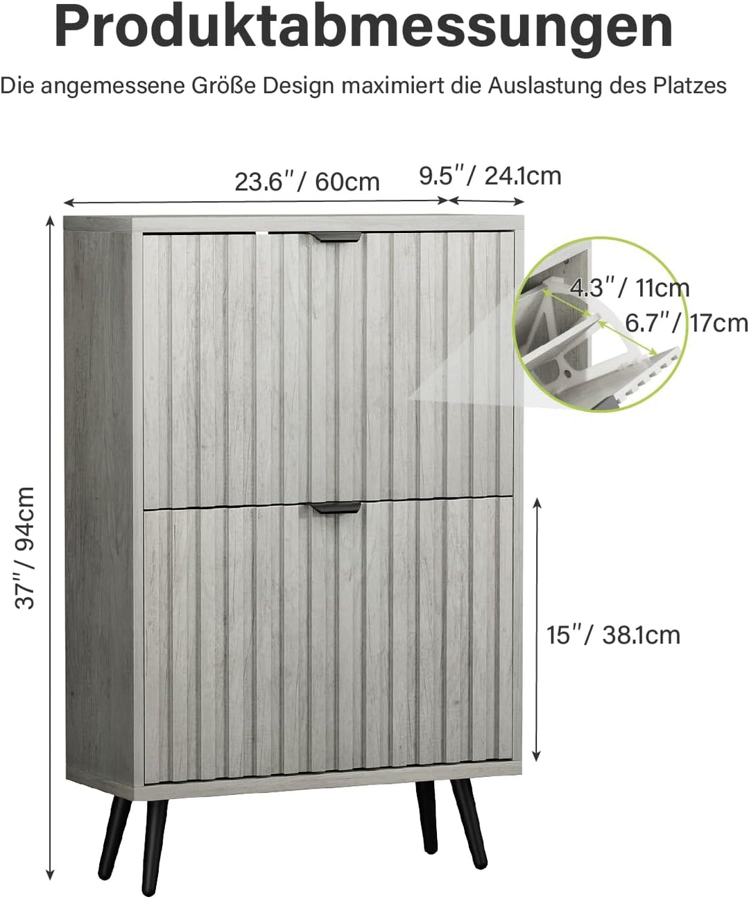 Smart FENDEE Schuhschrank schmal 2 Klappen, 24cm Tiefe in Hellgrau Holzoptik, 4 verstellbare Fächer,