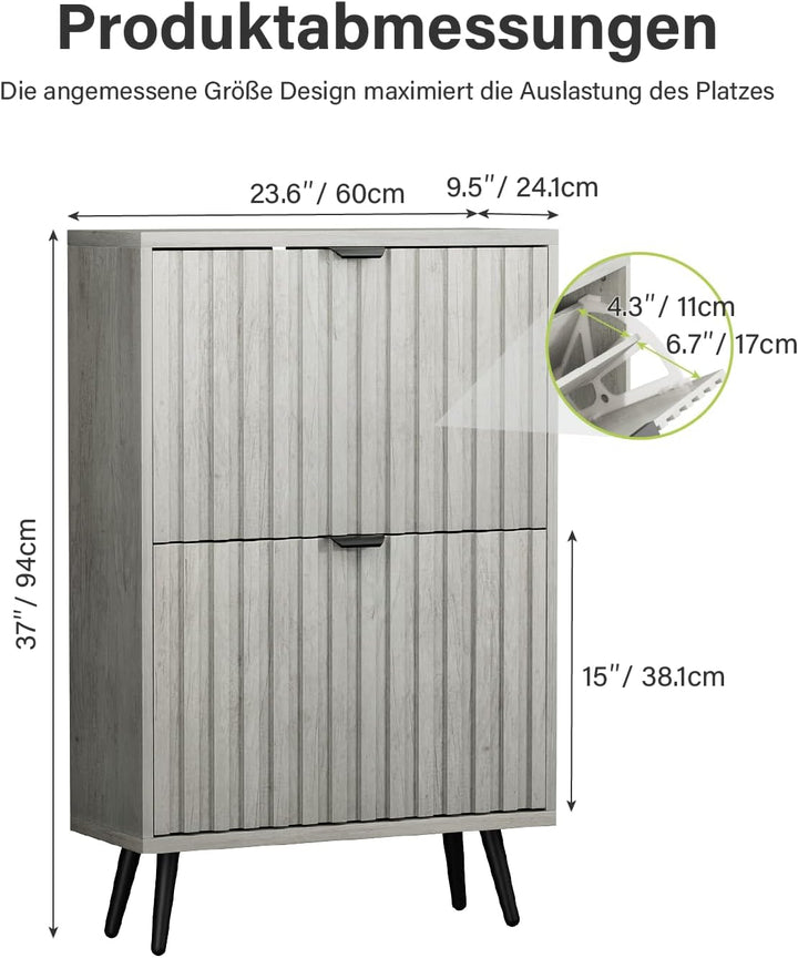 Smart FENDEE Schuhschrank schmal 2 Klappen, 24cm Tiefe in Hellgrau Holzoptik, 4 verstellbare Fächer,