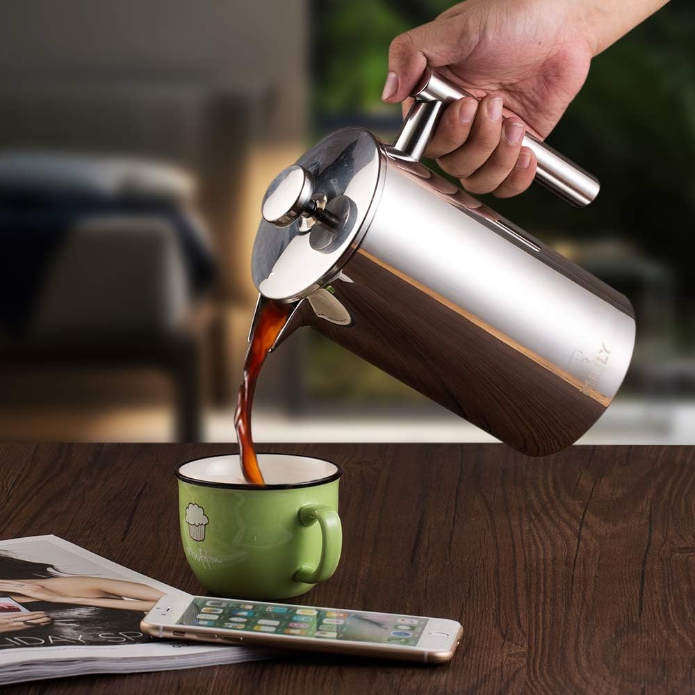 MaxMiuly Kaffeebereiter 1 Liter French Press, Doppelwandig Edelstahl Kaffeepresse Caffettiera, Therm