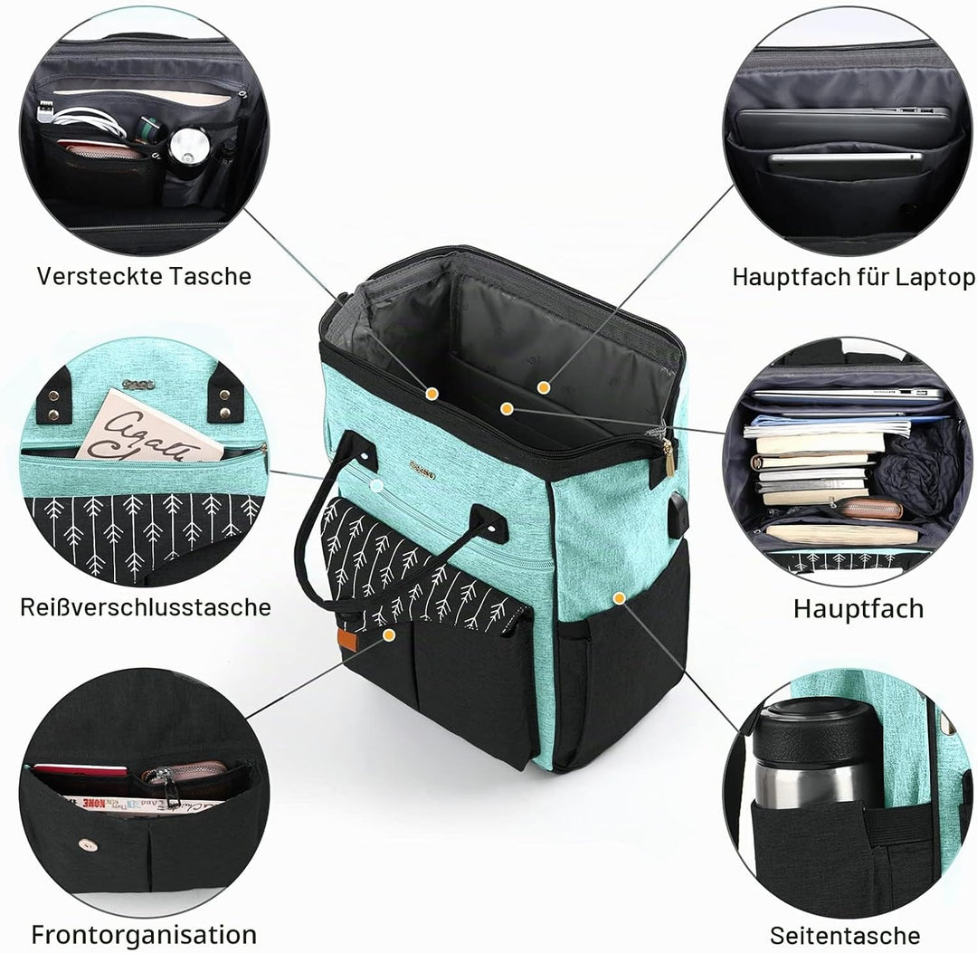 Rucksack Damen, Schulrucksack Mädchen, 15,6 Zoll Laptop Rucksack mit USB Ladeanschluss, Rucksack Ges