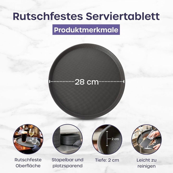 volila Rutschfestes Schwarzes Tablett Serviertablett Rund (1 STK. à 28 cm) - Rundes Tablett Ideal al