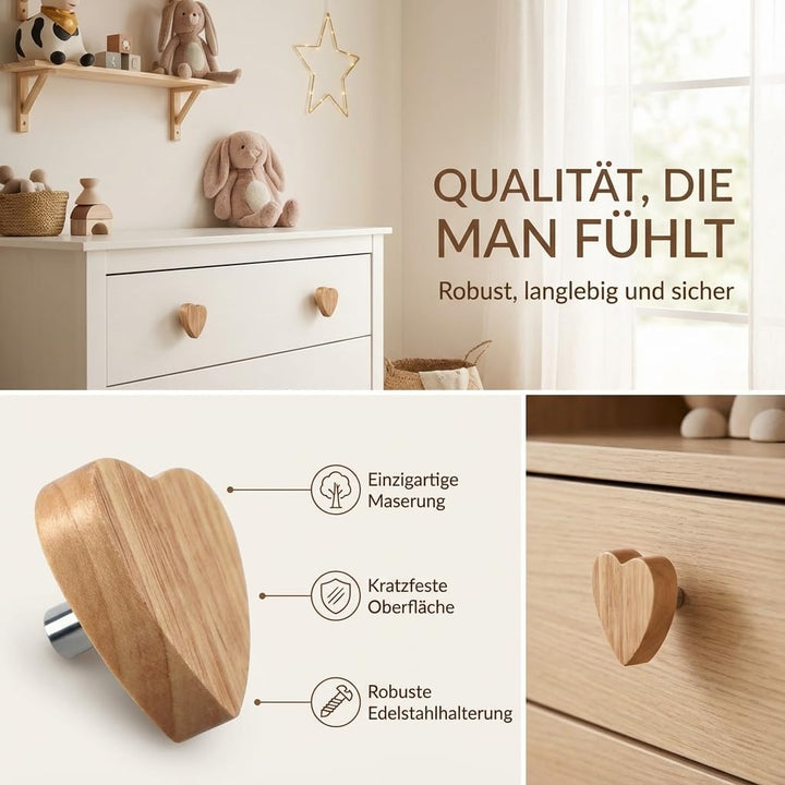Möbelknöpfe Holz Herz 12 Stück - Schrankknöpfe Kinder, Holzknöpfe für Kommoden, Möbelgriffe Holz 12e