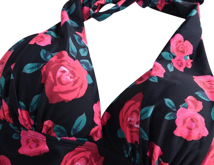 Hilor Women's Plunging V Neck Halter Swim Tops Shirred Tankini Top New Version Red Rose 12