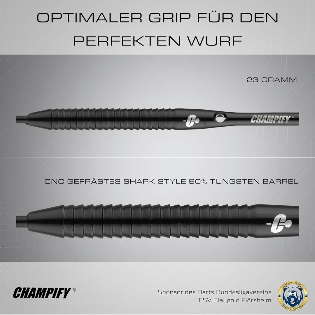 Champify® 90% Tungsten Darts Set mit schwarzer Darttasche| 3 Steeldarts mit 9 Alu-Schäften & 9 Fligh