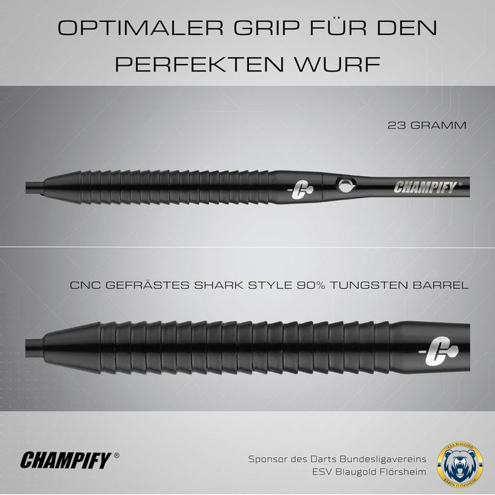 Champify® 90% Tungsten Darts Set mit schwarzer Darttasche| 3 Steeldarts mit 9 Alu-Schäften & 9 Fligh
