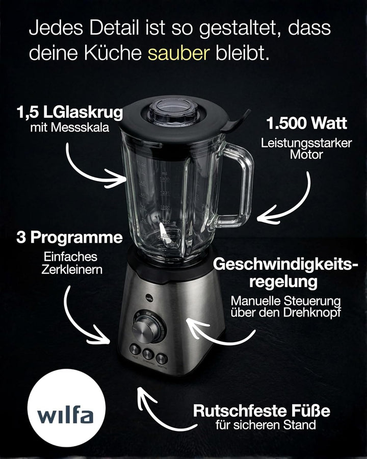 Wilfa SMOOTH Standmixer - leistungsstarker 1000 Watt Motor mit einem Fassungsvermögen von 1,5 Liter,