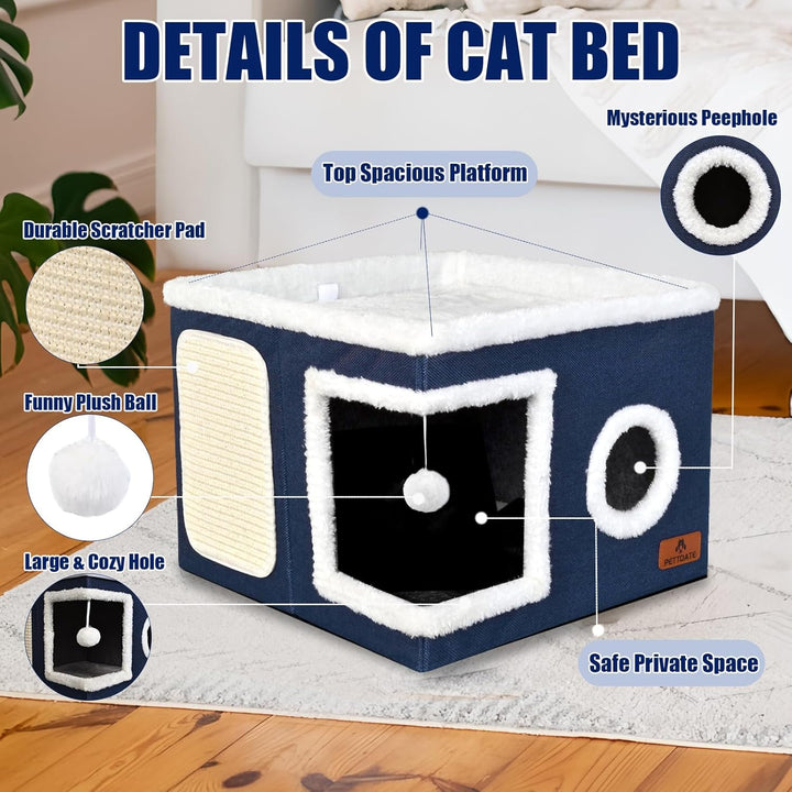 Katzenbetten für Indoor-Katzen, überdachtes Katzenhöhlenbett mit Kratzunterlage und flauschigem Ball