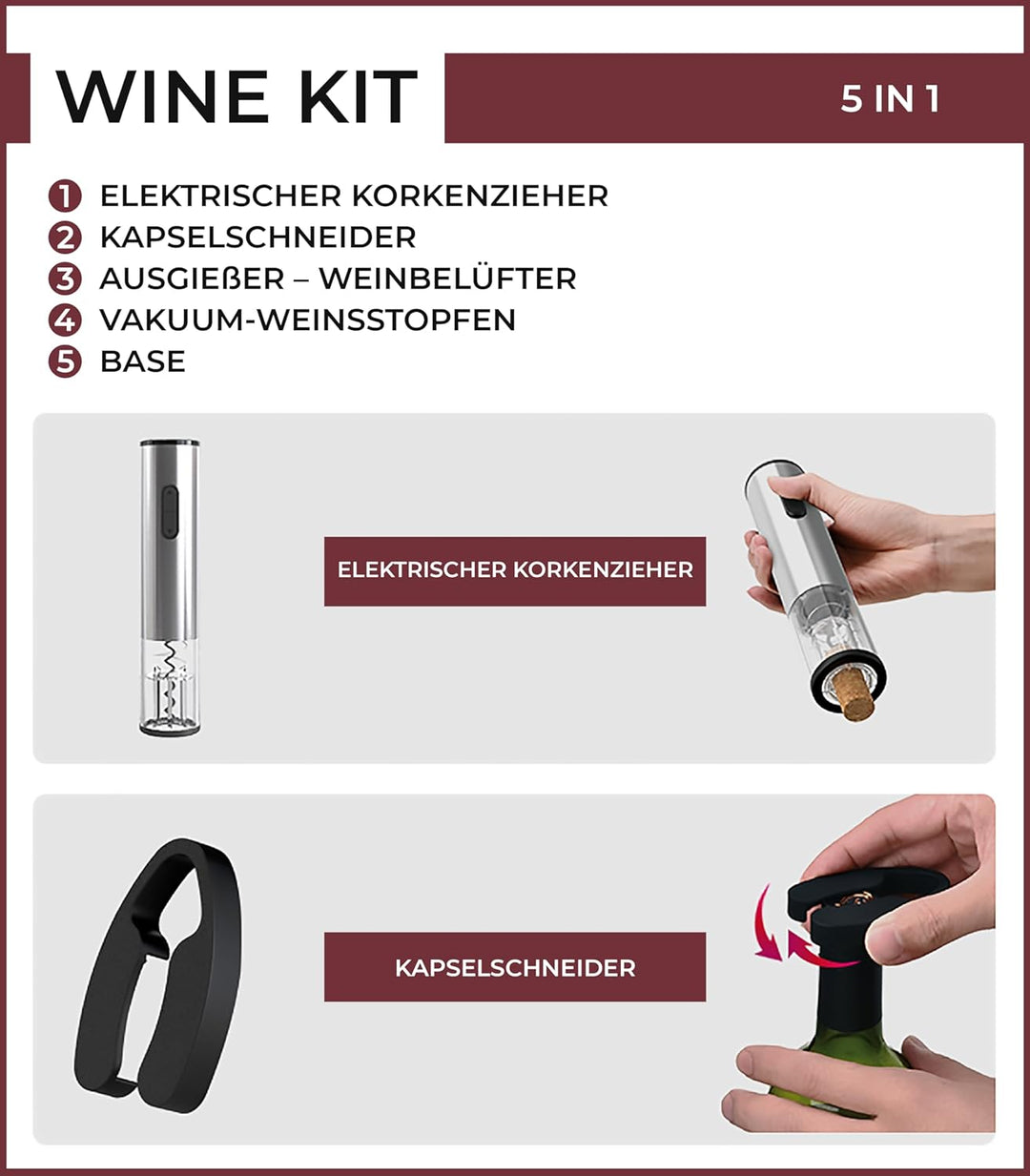 VINAK Wein-Set, batteriebetriebener elektrischer Korkenzieher aus Edelstahl + Vakuum-Weinverschluss