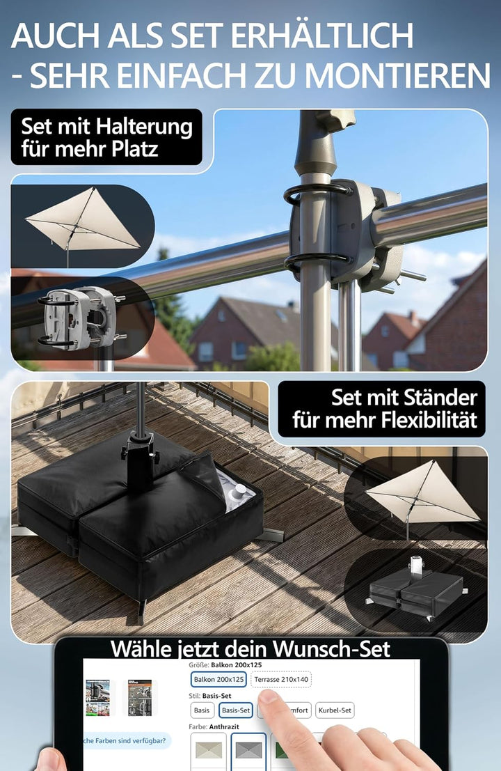 4smile Sonnenschirm Balkon SunnyShade Plus, mit Sonnenschirm Schutzhülle - Sonnnenschutz Balkon SET,