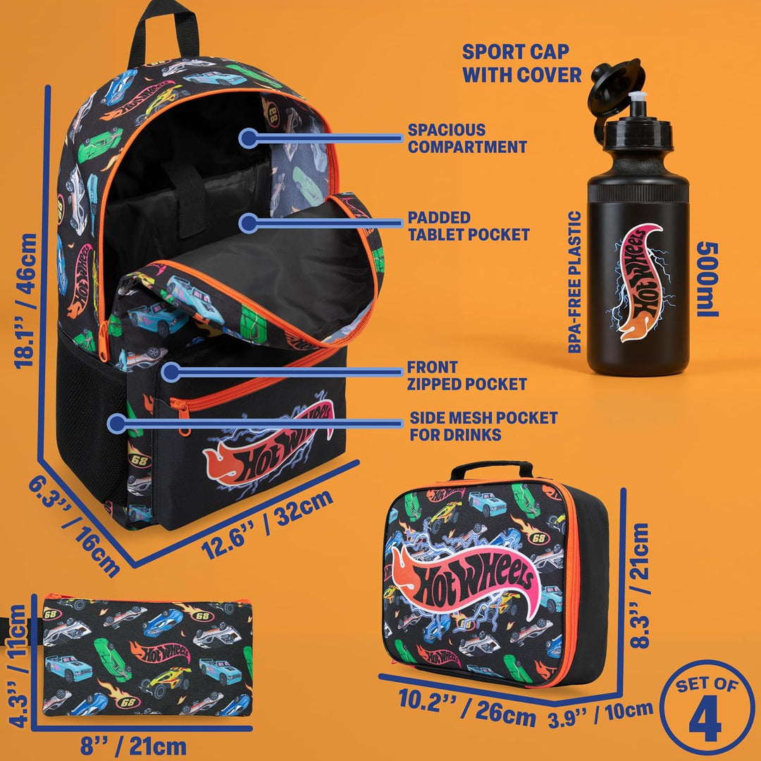 Get Trend Hot Wheels Rucksack Kinder 4er Set, Kinderrucksack mit Federmäppchen, Isolierte Lunchtasch