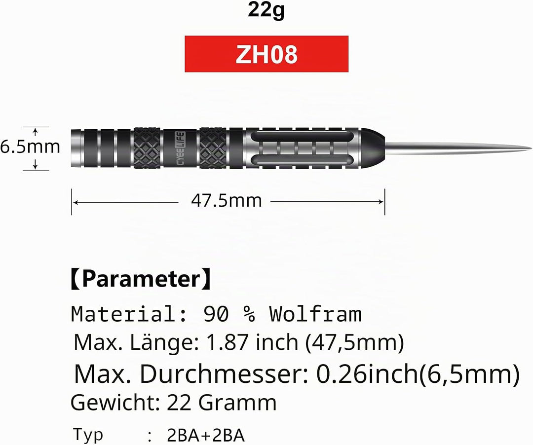 CyeeLife 3 Stück 90% Wolfram Steeltip Dartfässer, geriffelt geradlinig mit Stahlspitze &amp; 2BA-Innenge