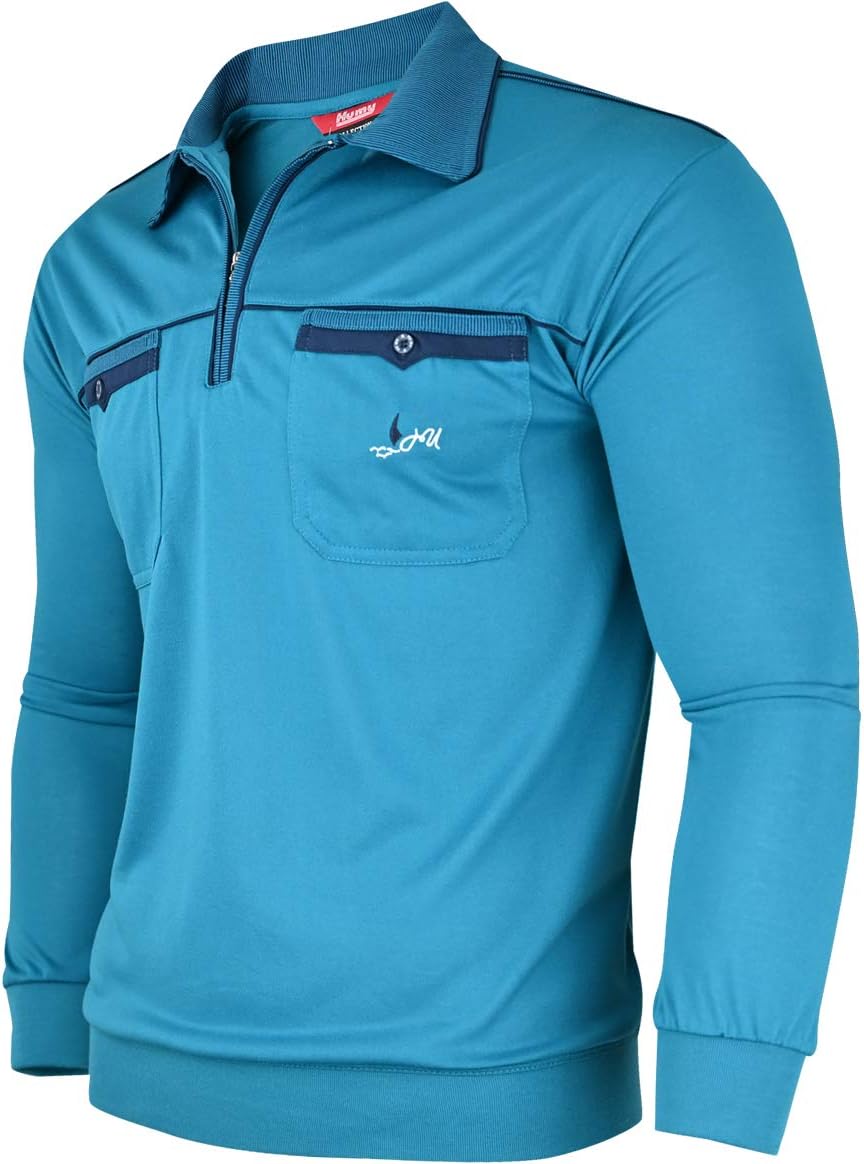 Soltice Herren Langarm Poloshirt mit Brusttasche, Polohemd Gestreift mit Kragen, Blousonshirt aus Ba