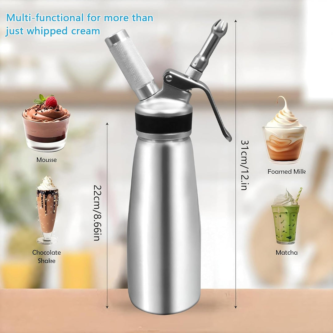 Sahnespender 500 ml aus Aluminium, Sahnebereiter mit 6 Dekordüsen, Schutzkappe und Reinigungsbürsten