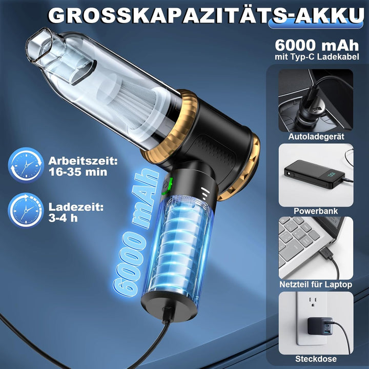 Handstaubsauger Akku 4-in-1, 25000PA Auto Staubsauger Stark, 3-Gang Handstaubsauger kabellos mit Bür