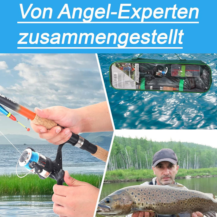 Angelset Forelle/Barsch mit Kescher [Angelfertig montiert & Angelrolle bespult] Angelset komplett fü