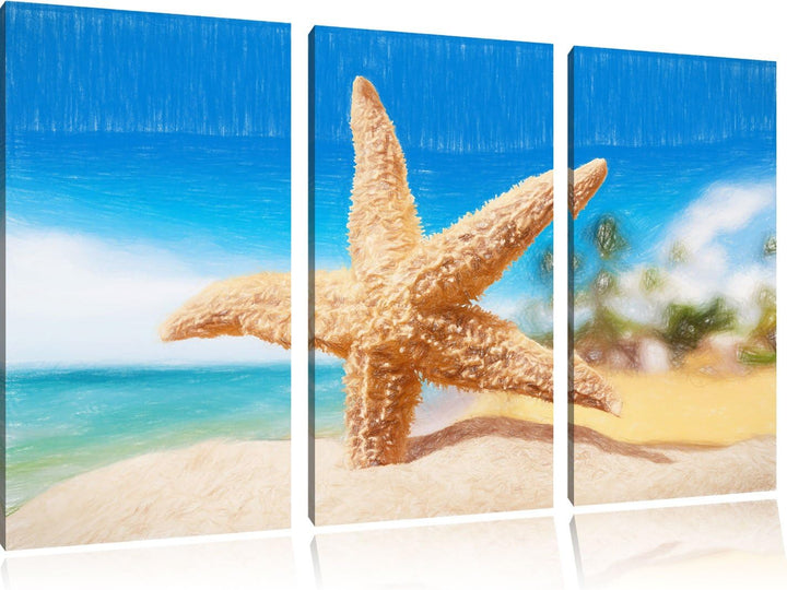 Pixxprint Seestern im Sandstrand von Palm Beach Kunst Buntstift Effekt 3-Teiler Leinwandbild 120x80