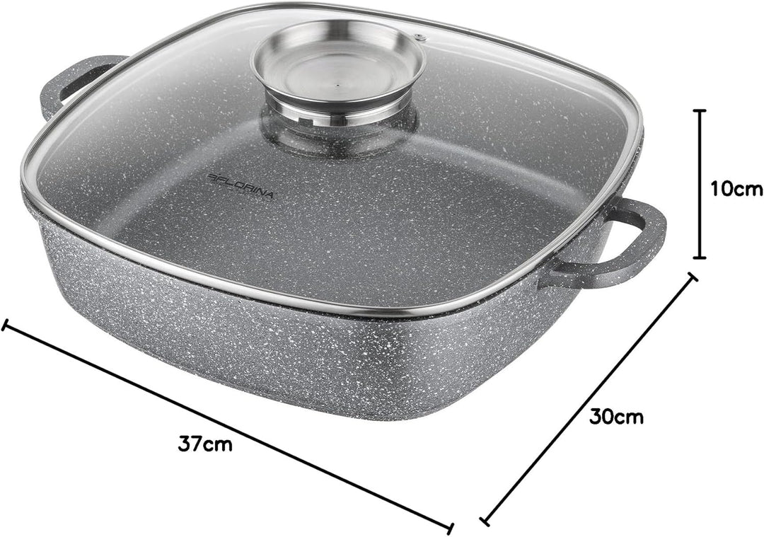 FLORINA Aluminium Schmortopf 3,5 l l Bräter LAVA Quadratisch mit Glasdeckel und Griffe l Backofengee