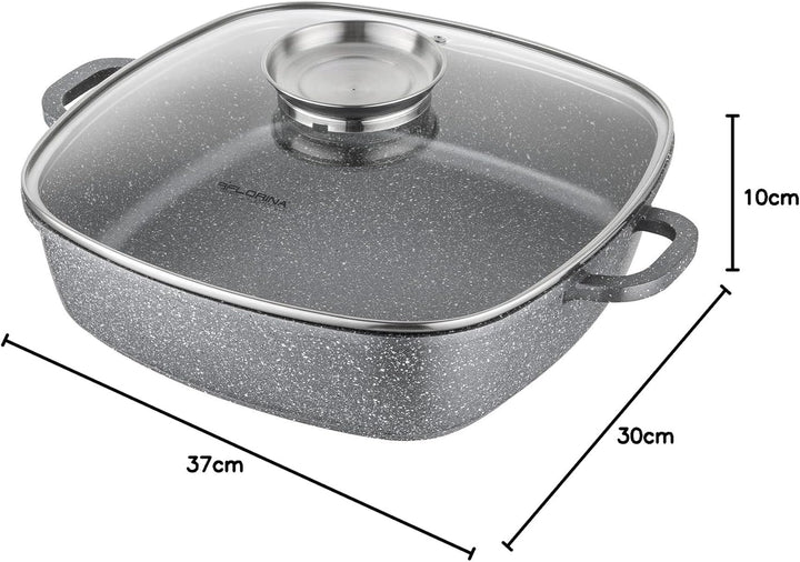 FLORINA Aluminium Schmortopf 3,5 l l Bräter LAVA Quadratisch mit Glasdeckel und Griffe l Backofengee