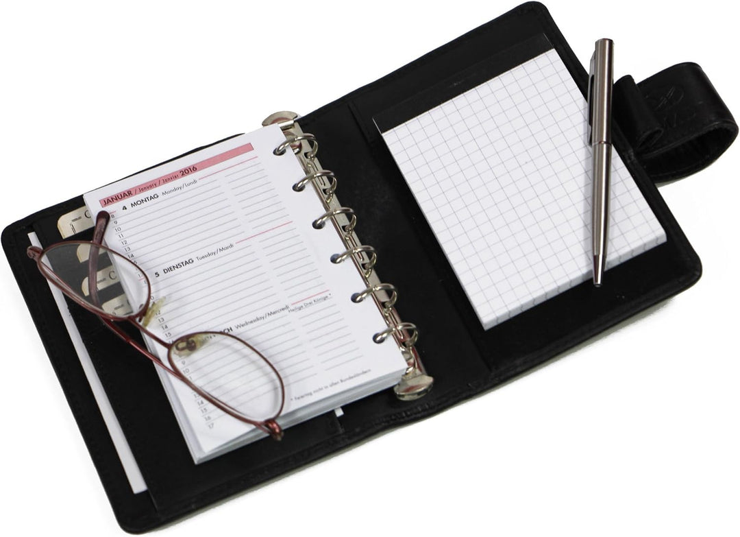 ALMADIH Leder A7 Terminplaner Kalender 2024 Notizblock Premium Rindsleder SCH in Geschenkbox – Leder