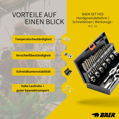 BAER Gewindeschneider Set HSS M3 - M12 - Gewindebohrer - Innengewinde + Aussengewinde - Gewindeschne