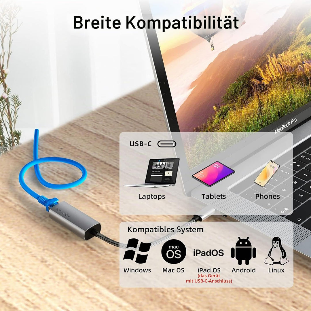 USB C auf Ethernet Adapter, WALNEW Typ C auf RJ45 Gigabit Ethernet Adapter, USB-C Thunderbolt 3 auf