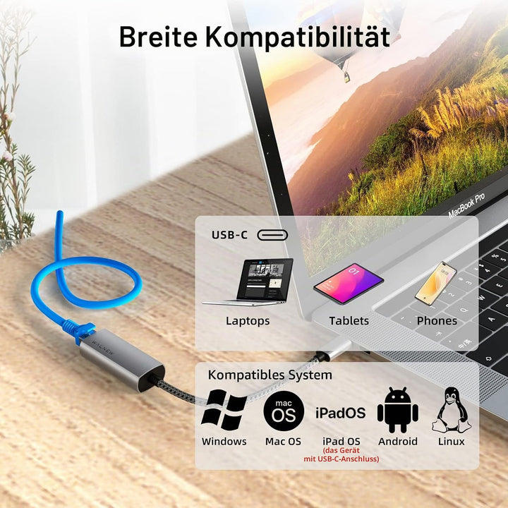 USB C auf Ethernet Adapter, WALNEW Typ C auf RJ45 Gigabit Ethernet Adapter, USB-C Thunderbolt 3 auf