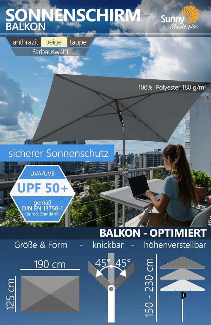 4smile Sonnenschirm Balkon SunnyShade, Sonnnenschutz Balkon SET 3-in-1, Anthrazit - UV50+ SunnyGuy S