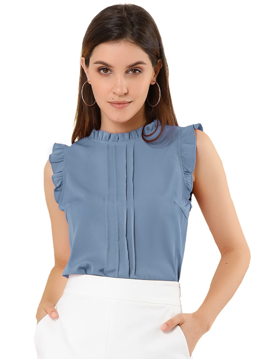 Allegra K Damen Plissee Oberteil Ärmellos Shirt Rundhals Elegante Rüschen Top Bluse L Blau Grau, L B