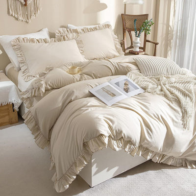 AShanlan Bettwäsche Rüschen 135x200 Beige Uni Einfarbig Romantisch Rüschenbettwäsche Set 2 Teilig Mi