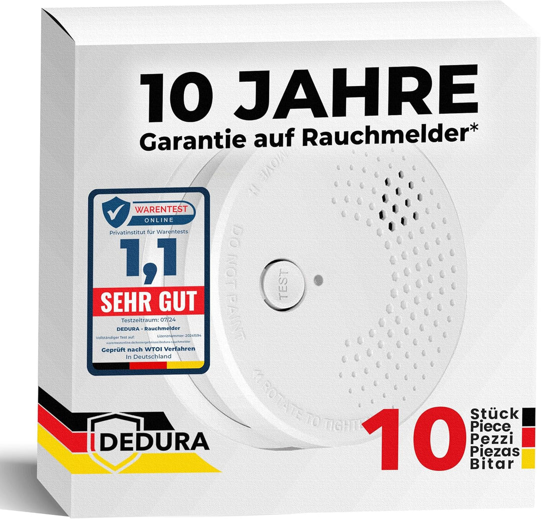 Rauchmelder 10er Set mit 10 Jahre Garantie BSI Zertifiziert nach DIN EN14604 inkl. 9V Batterie Rauch