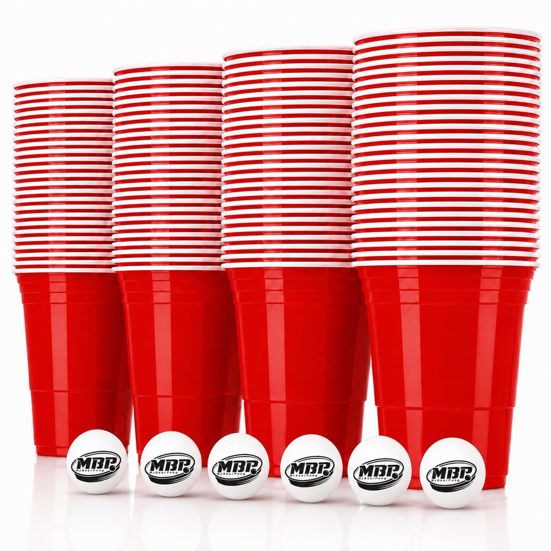 MYBEERPONG® Rotes Bierpong Becher Set | 100 Red Cups + 6 Beer Pong Bälle | 16 oz (~ 0,5 l) | Party B