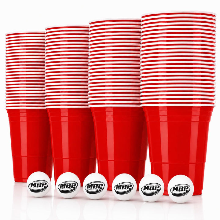 MYBEERPONG® Rotes Bierpong Becher Set | 100 Red Cups + 6 Beer Pong Bälle | 16 oz (~ 0,5 l) | Party B