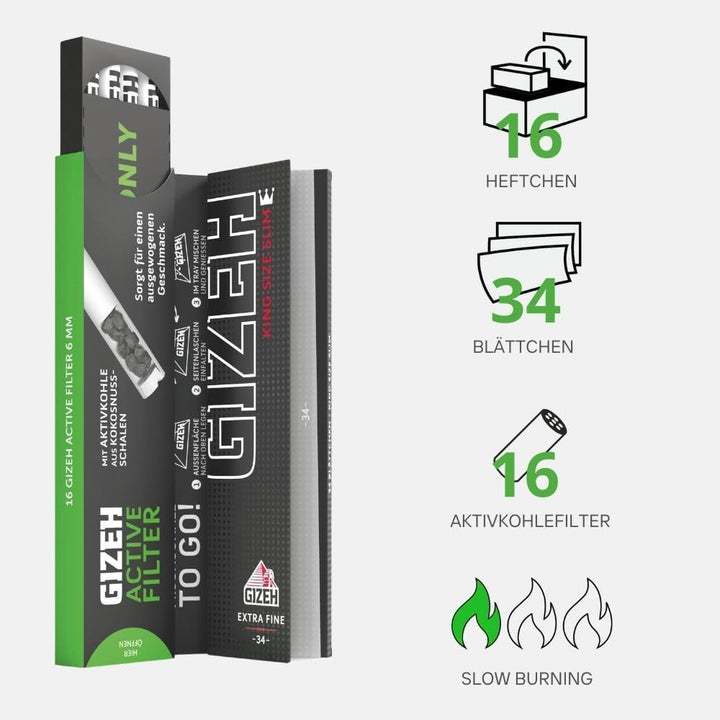 GIZEH BLACK King Size Slim + Active Filter 2-in-1-Kombi-Pack – King Size Slim Blättchen inkl. 6 mm A