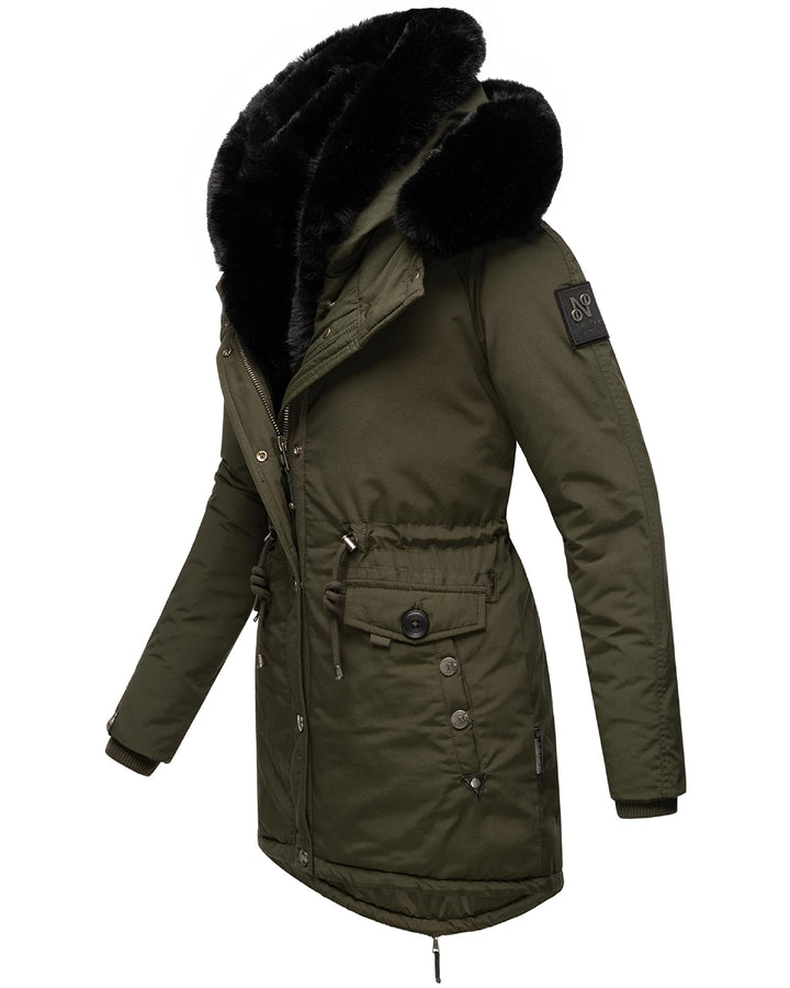 Navahoo Damen warmer Winterparka mit doppelter Kunstpelz-Kapuze Sweety Deluxe XS-XXL L Dark Olive, L
