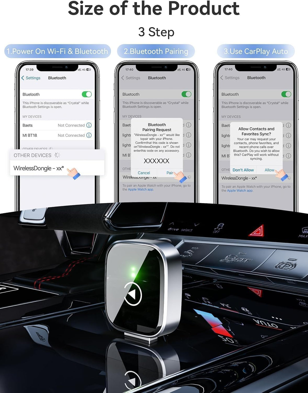 CarPlay Wireless Adapter für iPhone – Upgrade auf kabelloses CarPlay, Plug & Play, USB/Type-C, Mini