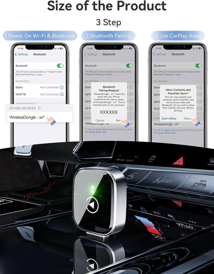 CarPlay Wireless Adapter für iPhone – Upgrade auf kabelloses CarPlay, Plug & Play, USB/Type-C, Mini