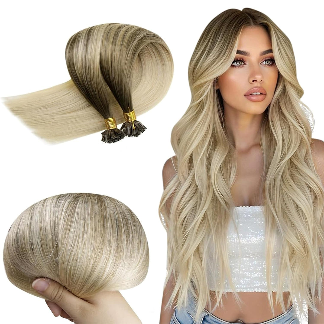 RUNATURE Bonding Extensions Echthaar 1g Lang 50cm Haarextensions Echthaar Keratin Blond Balayage 50g
