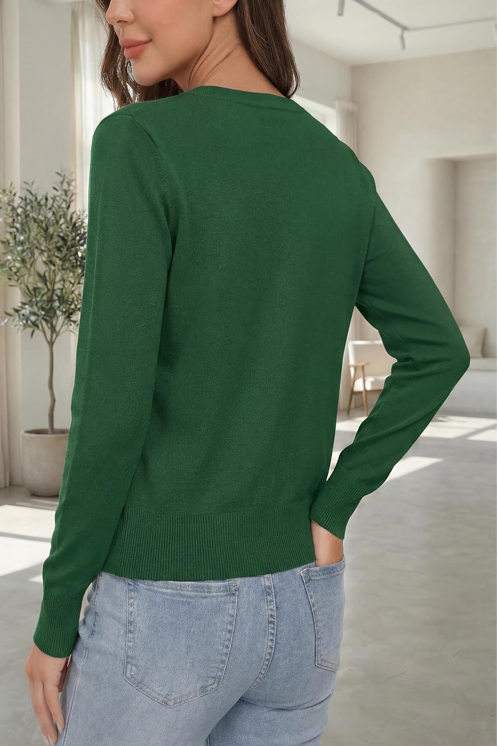 VOTEPRETTY Leichter Strickjacke Damen Cardigan Kurzarm/Langarm Sommer Solid Top Langarm L Grün, Lang