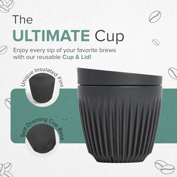 Huskee Cup & LID Charcoal | Wiederverwendbare Kaffee & Tee-Becher aus Kaffee-Schalen Schwarz 2 Stück