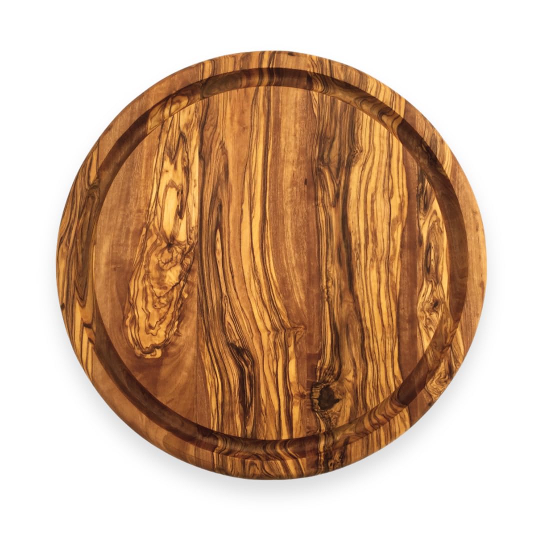 Schneidebrett The Goldcoin rund mit Saftrille Ø32 cm Servierplatte handgemacht aus Olivenholz Ø 32 c