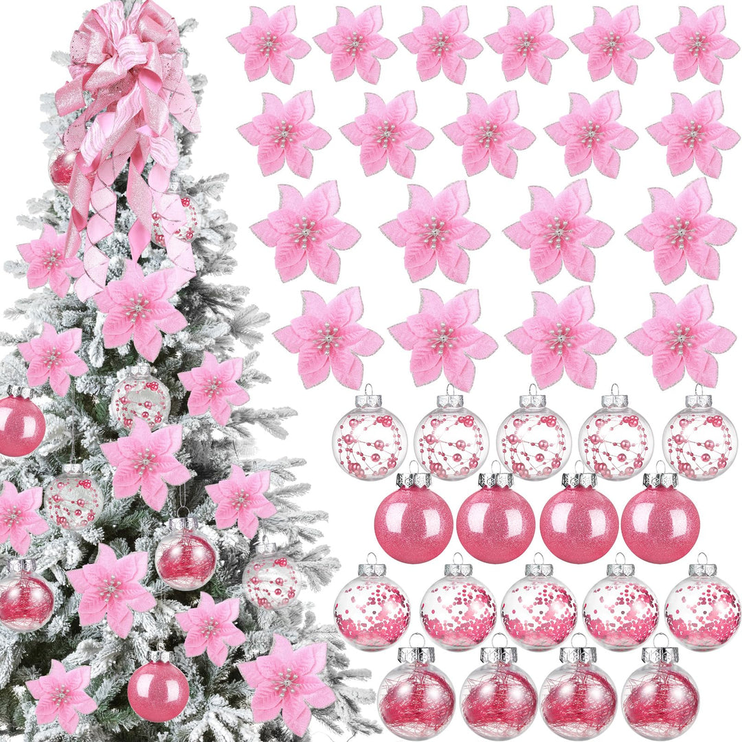 49 Stück Weihnachtsbaum Deko Set mit Weihnachtsbaumspitze 24 Stück Glitzer Weihnachten Blumen in 3 G
